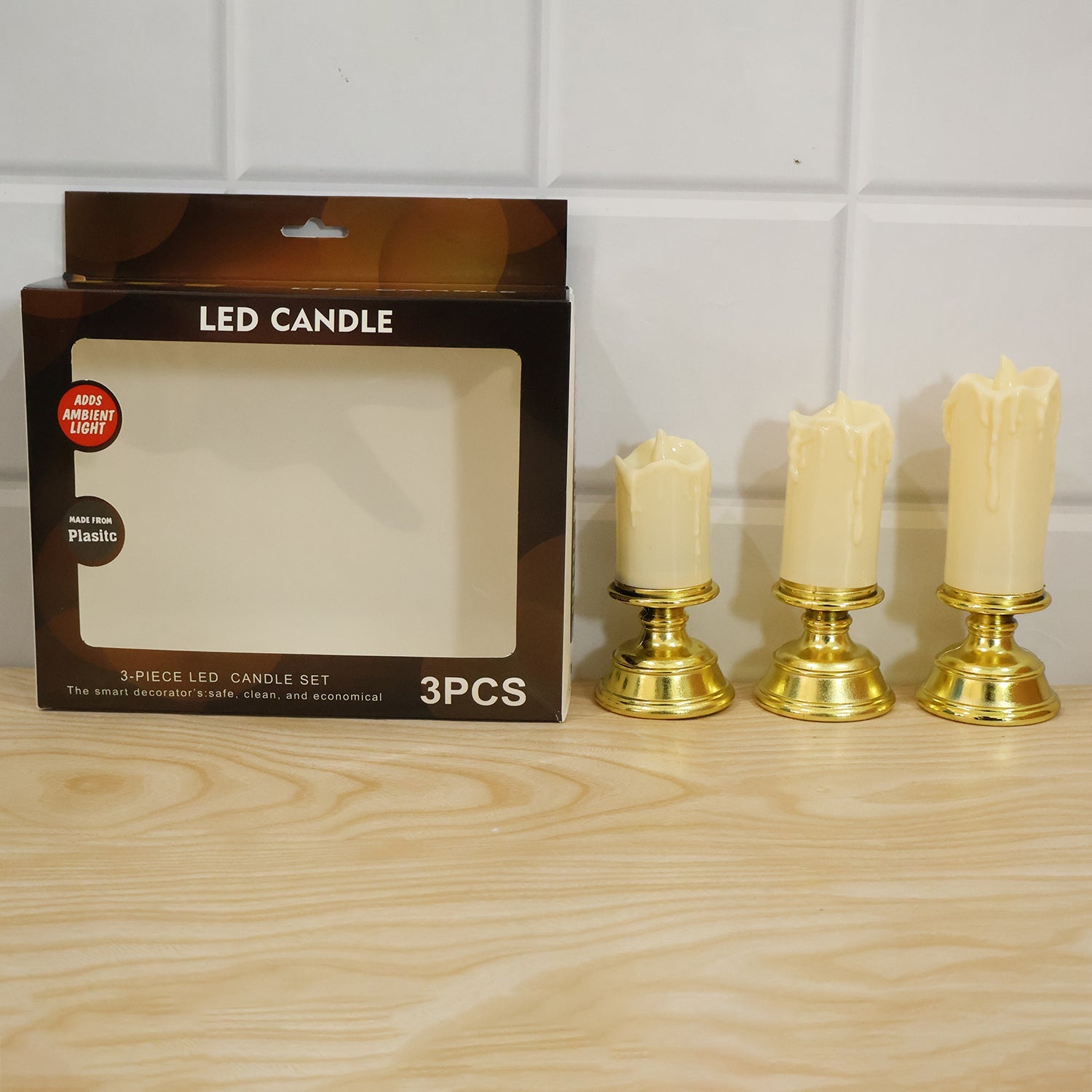 Live photo of plastic flameless LED candle set