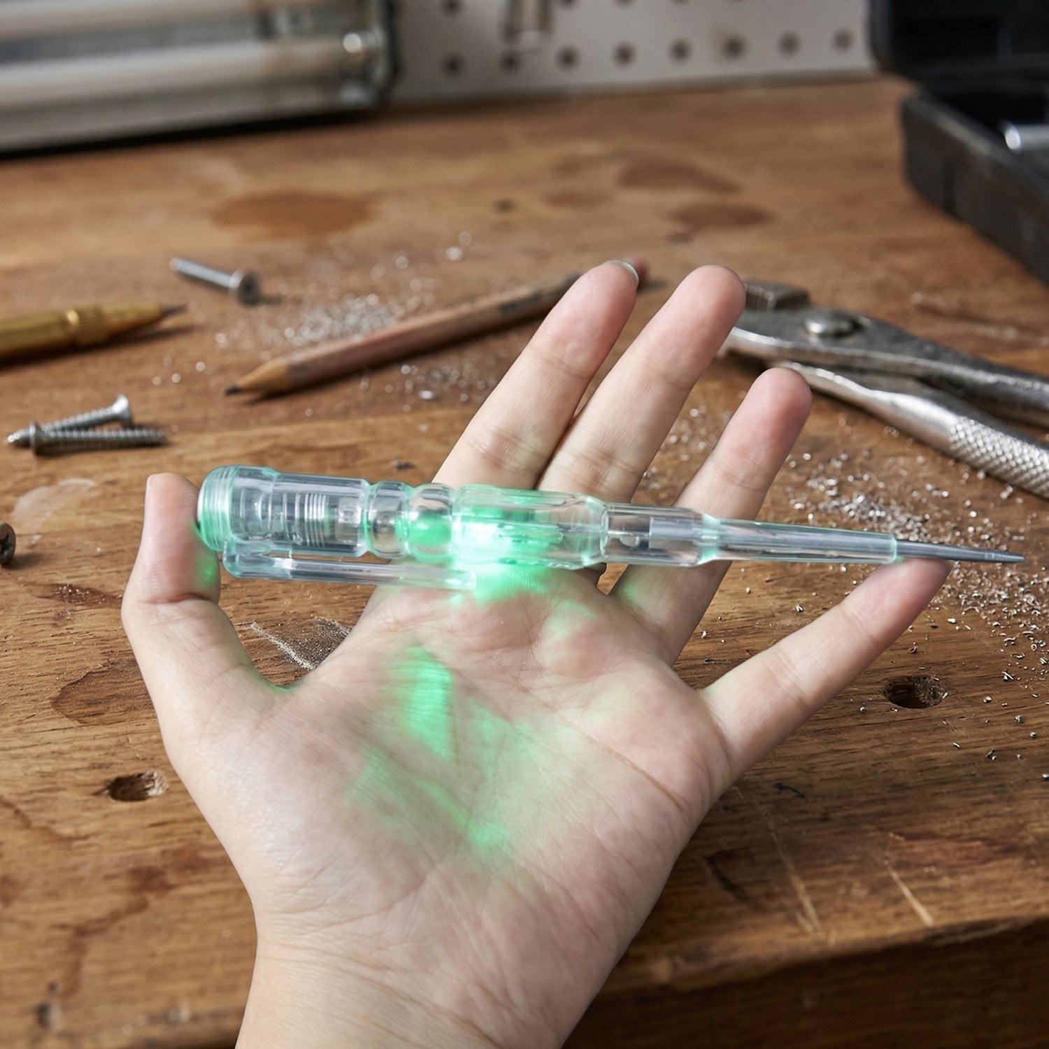 Digital voltage tester pen in use on an electrical outlet