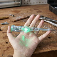 Digital voltage tester pen in use on an electrical outlet