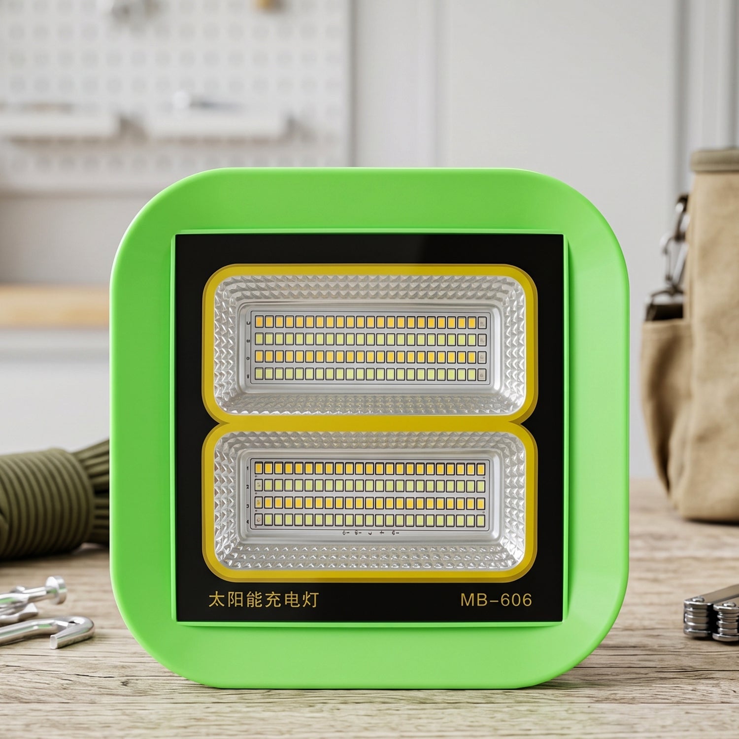 LED flood light with solar panel outdoors at dusk
