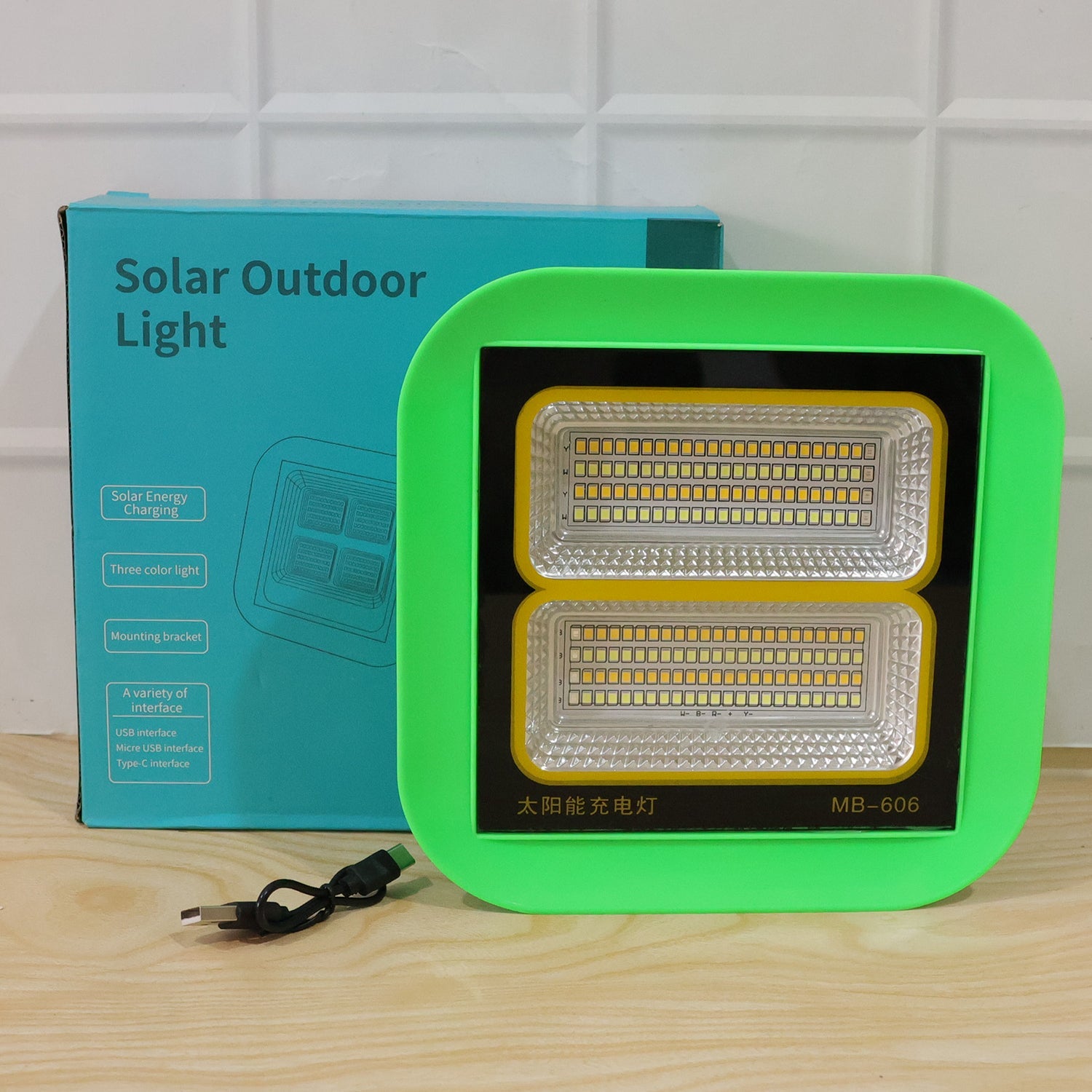 Bright LED flood light illuminating outdoor patio area