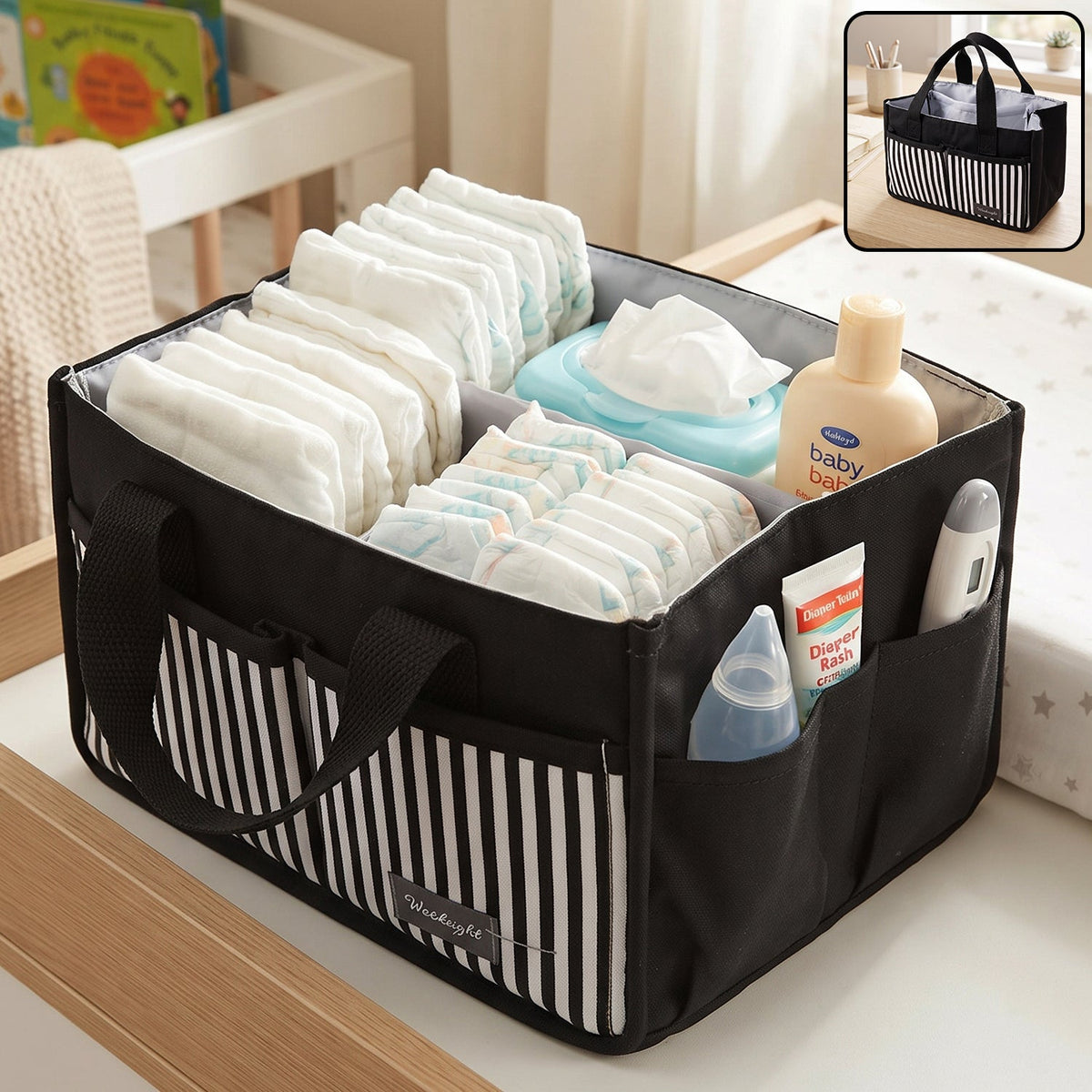A black and white striped travel organizer bag caddy holds diapers, wipes, lotion, and a thermometer on a changing table.