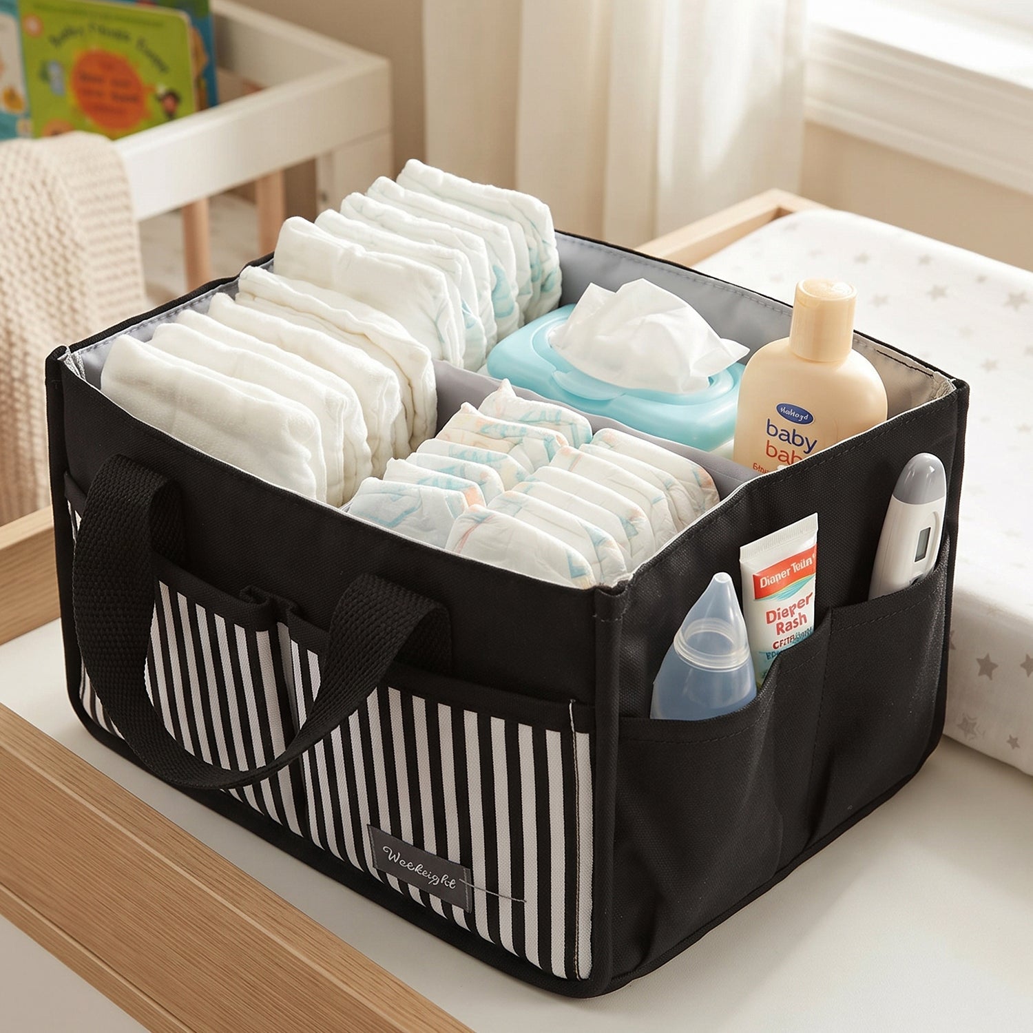 A black and white striped organizer bag caddy holds baby supplies, including diapers, wipes, and lotion, on a changing table.