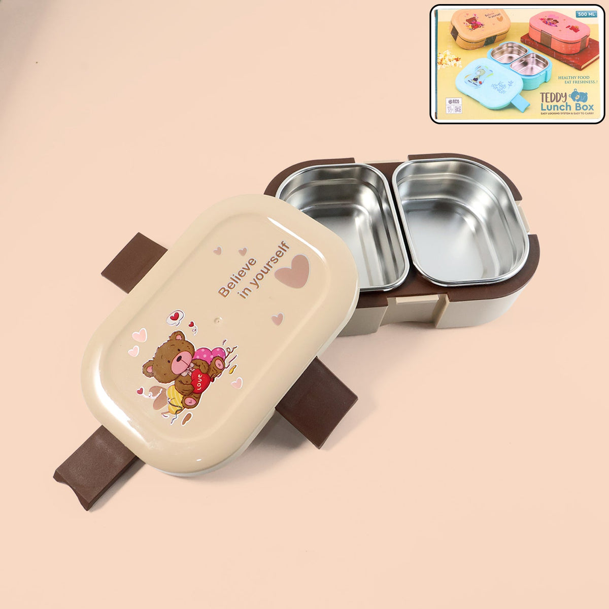 Cute Teddy Printed Kids Lunch Box (500Ml / 1 Pc)