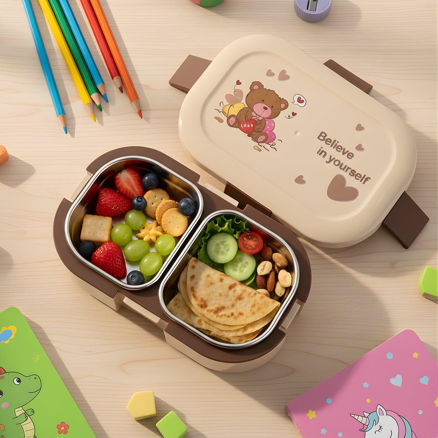 Cute Teddy Printed Kids Lunch Box (500Ml / 1 Pc)