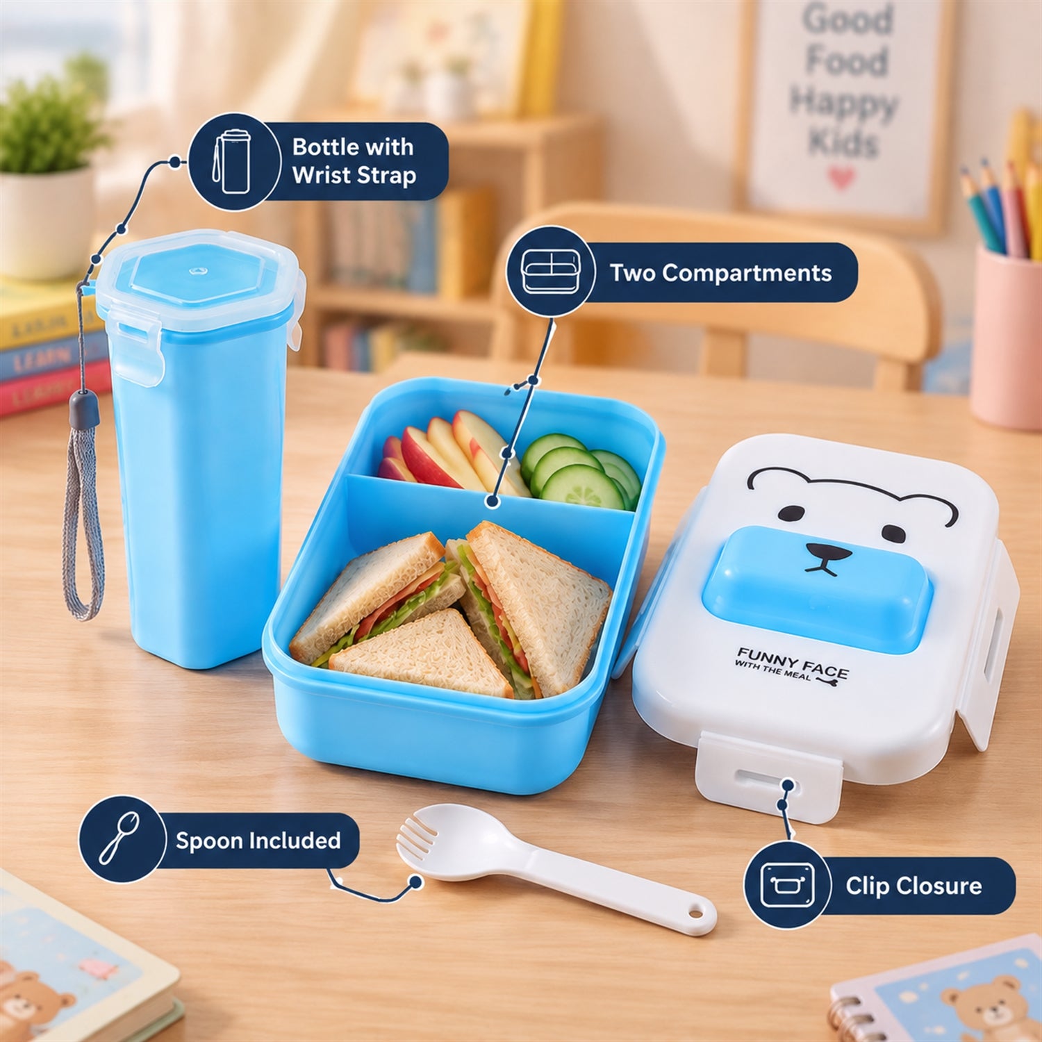 A blue water bottle and a white and blue bear-faced lunchbox on a wooden table in a classroom setting.