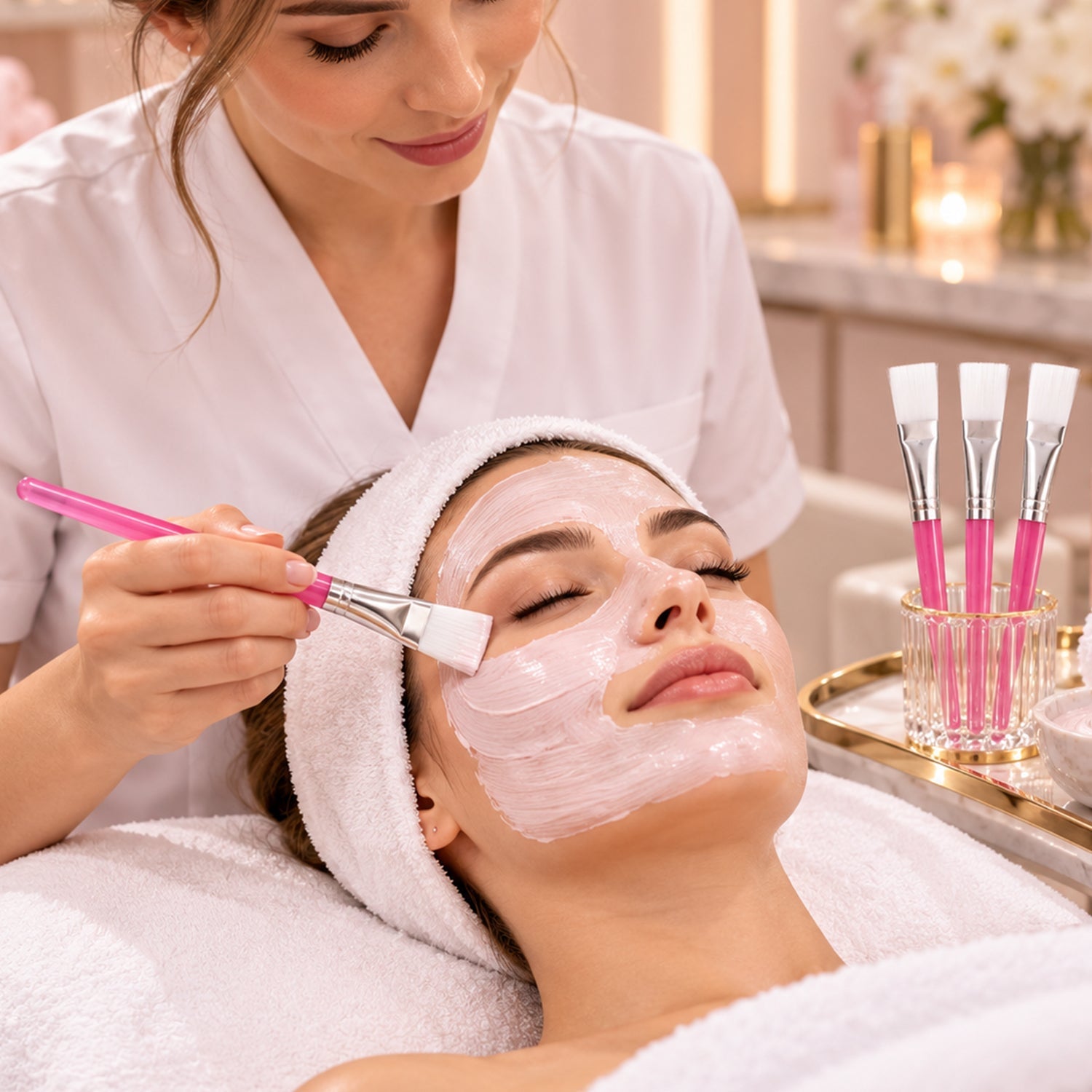 A woman applies a white face mask to another woman's face with a pink brush, with three brushes in a glass holder.