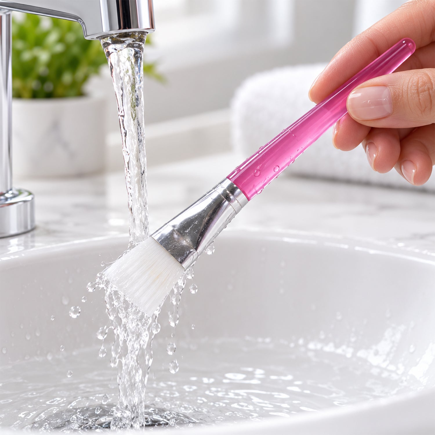 A hand holds a pink-handled brush under running water in a white sink, cleaning the white bristles.
