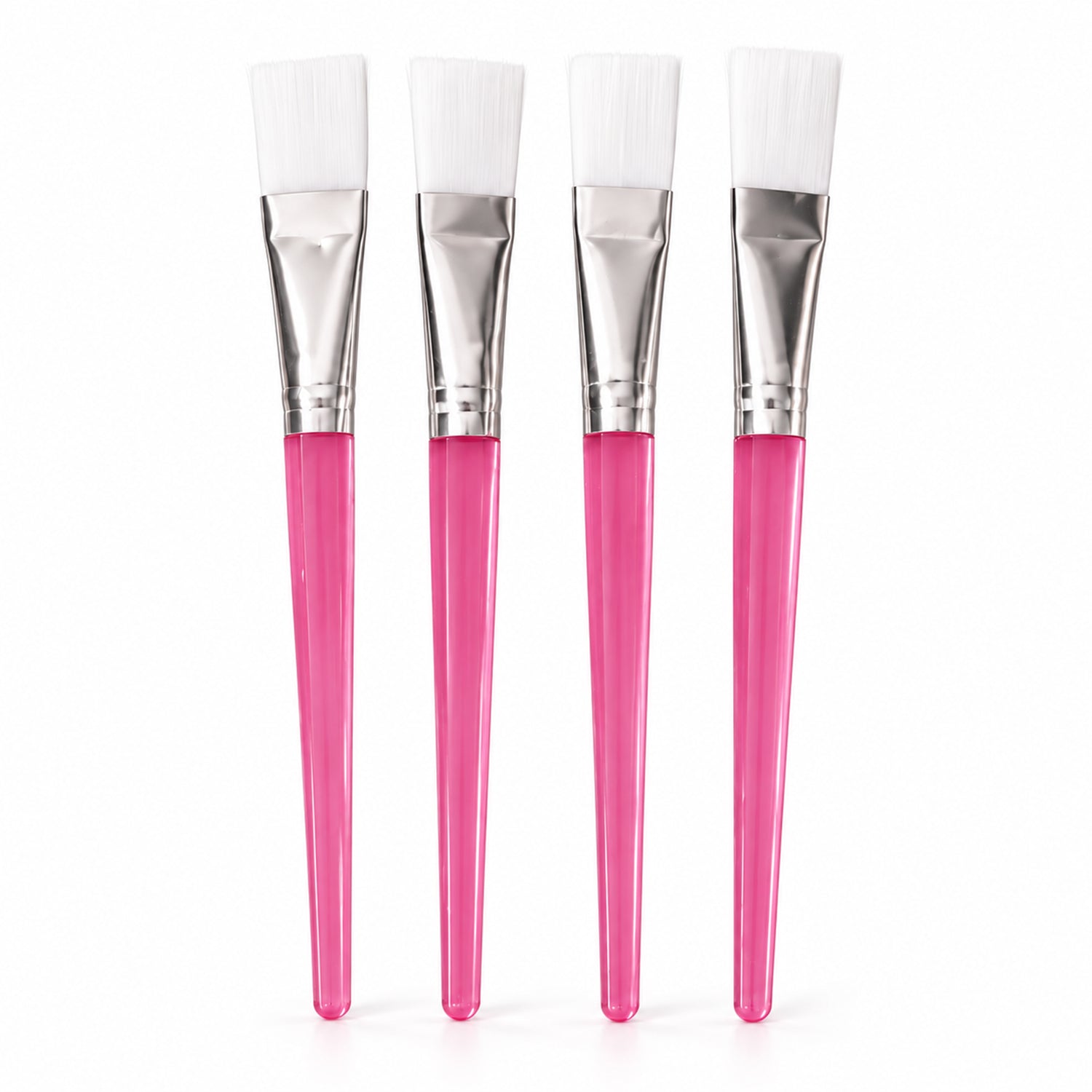 Four identical face mask brushes with white bristles, silver ferrules, and translucent pink handles stand upright.