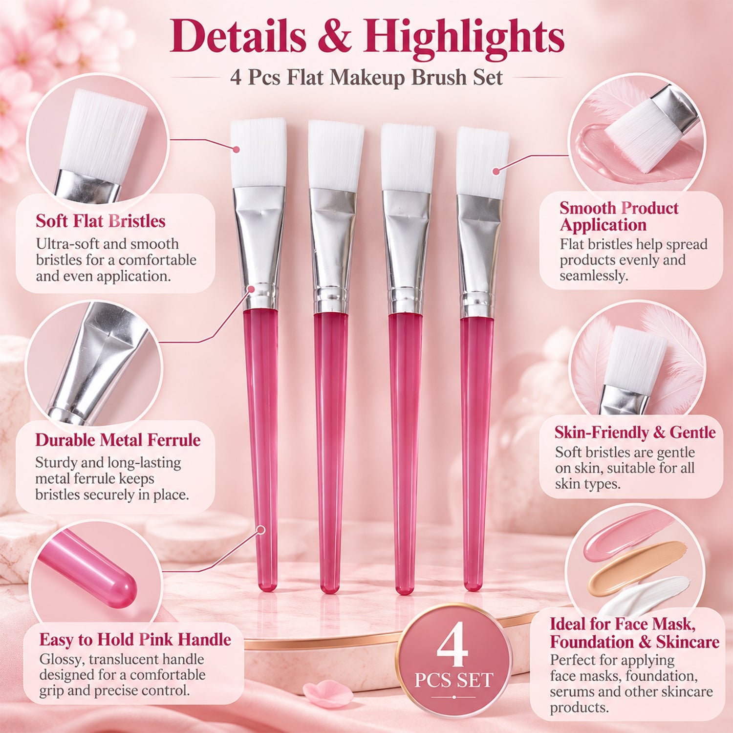 An infographic displays four pink-handled brushes with text highlighting soft bristles, durable ferrule, and easy-to-hold