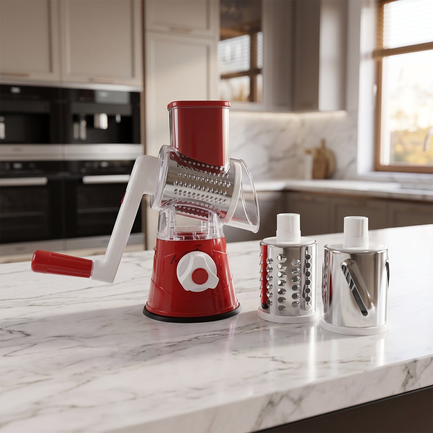 Manual Rotary Drum Grater and Slicer, Stainless Steel 3 Drum Vegetable Cutter (1 Set)