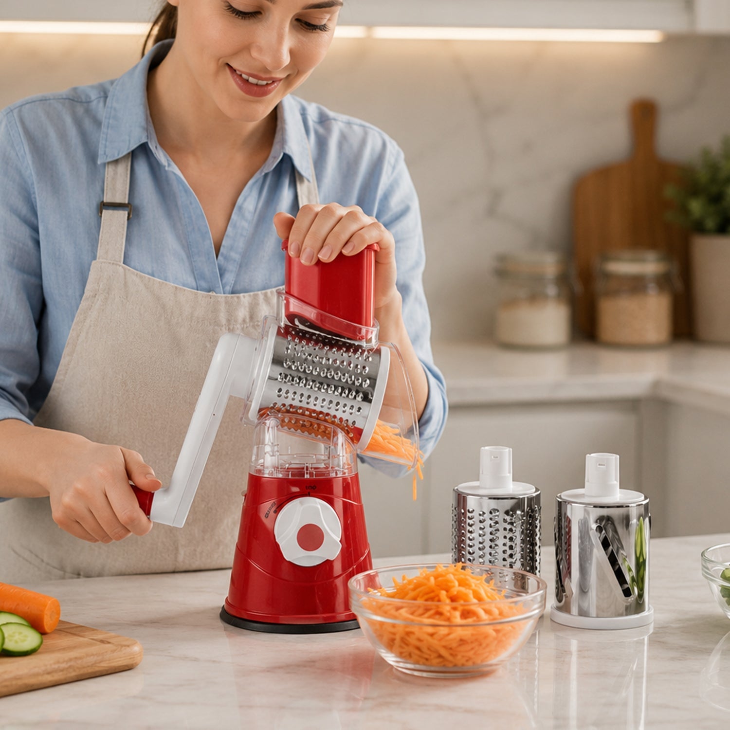 Manual Rotary Drum Grater and Slicer, Stainless Steel 3 Drum Vegetable Cutter (1 Set)