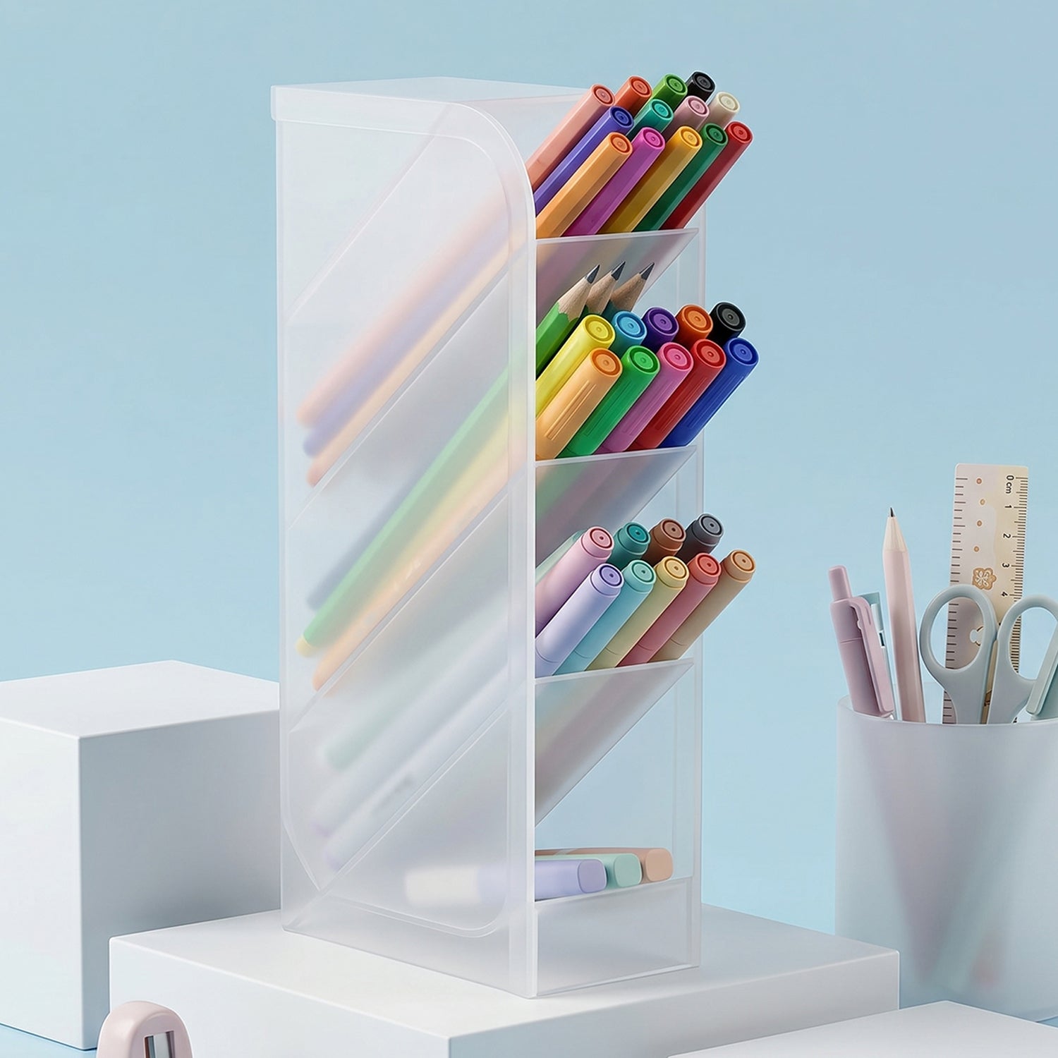 Compact desktop organizer in clear plastic