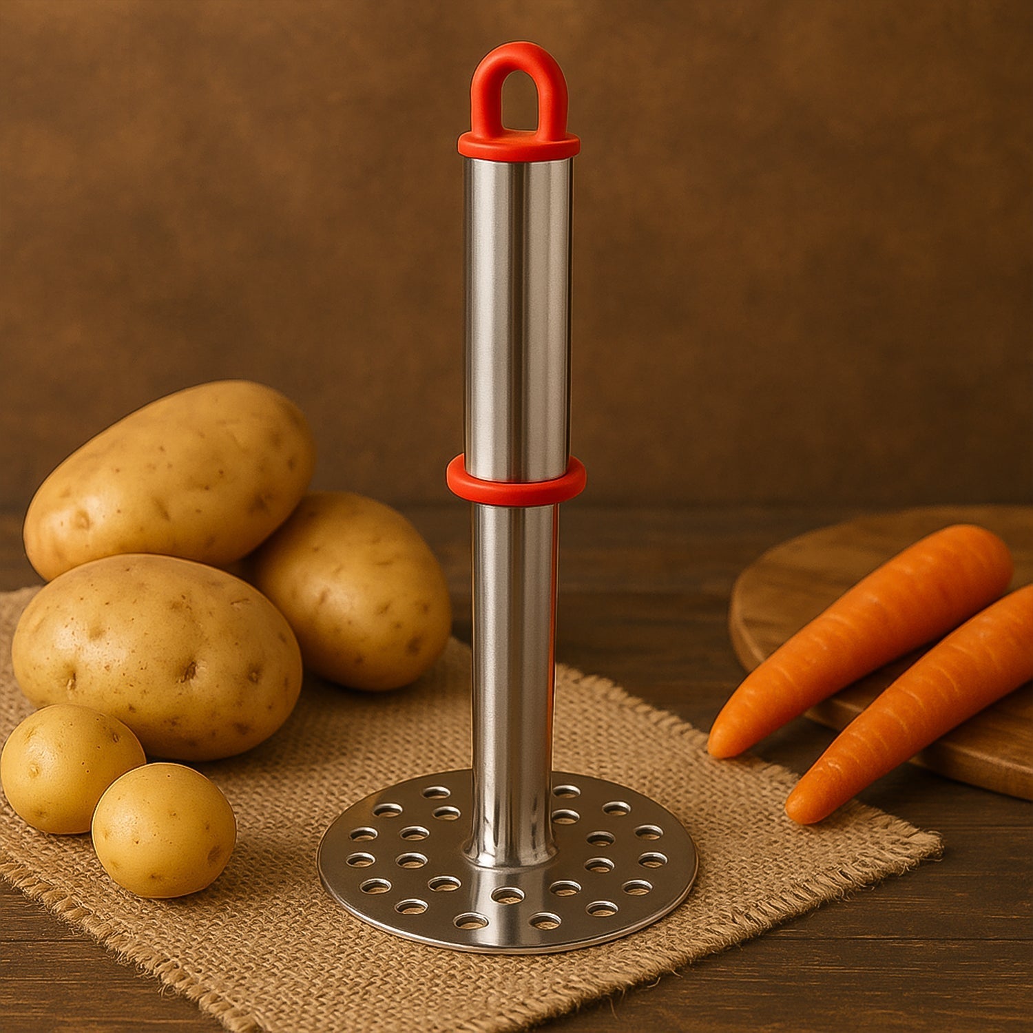Stainless steel potato masher beside freshly mashed potatoes