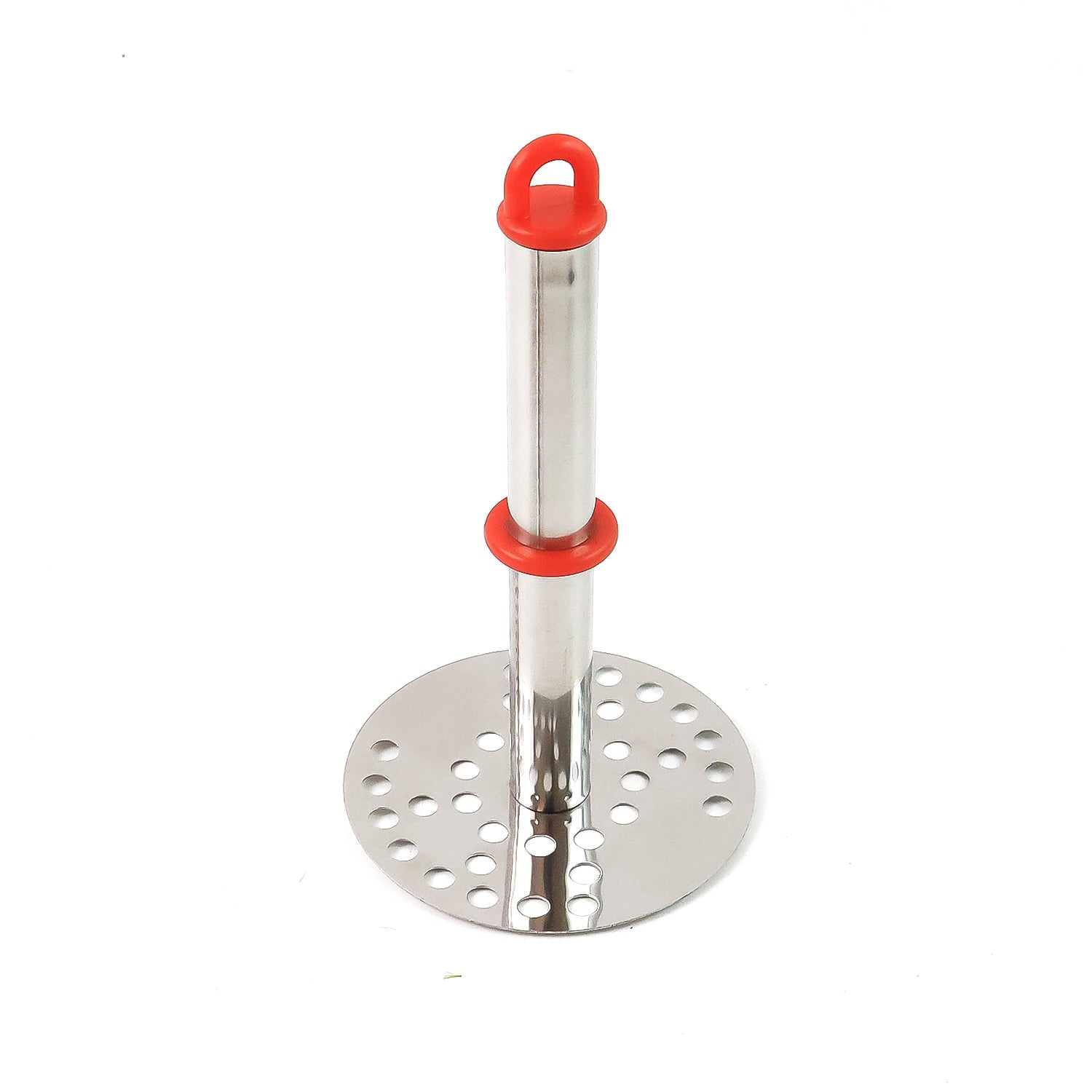 Potato masher hanging on kitchen rack with hanging loop
