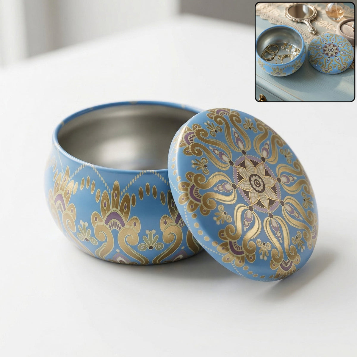 Mandala printed metal candle container with lid