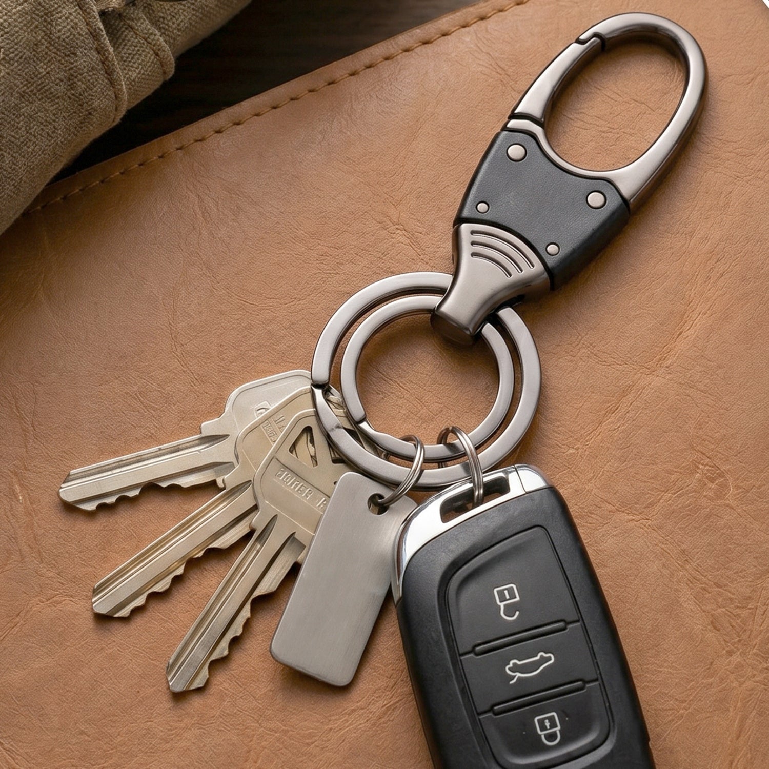 Hand holding the compact metal key holder