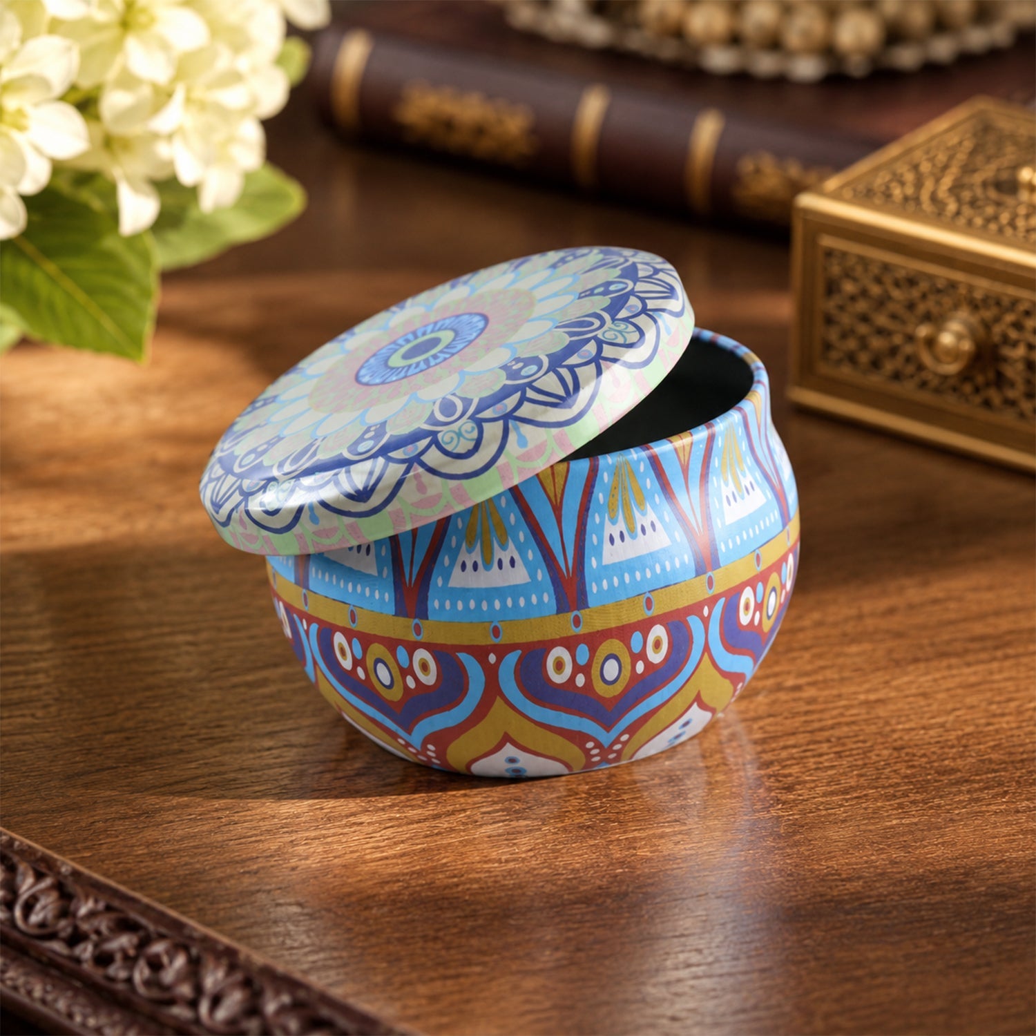 Metal Mandala Tin Box, Decorative Round Container for Candle and Trinkets (1 Pc)