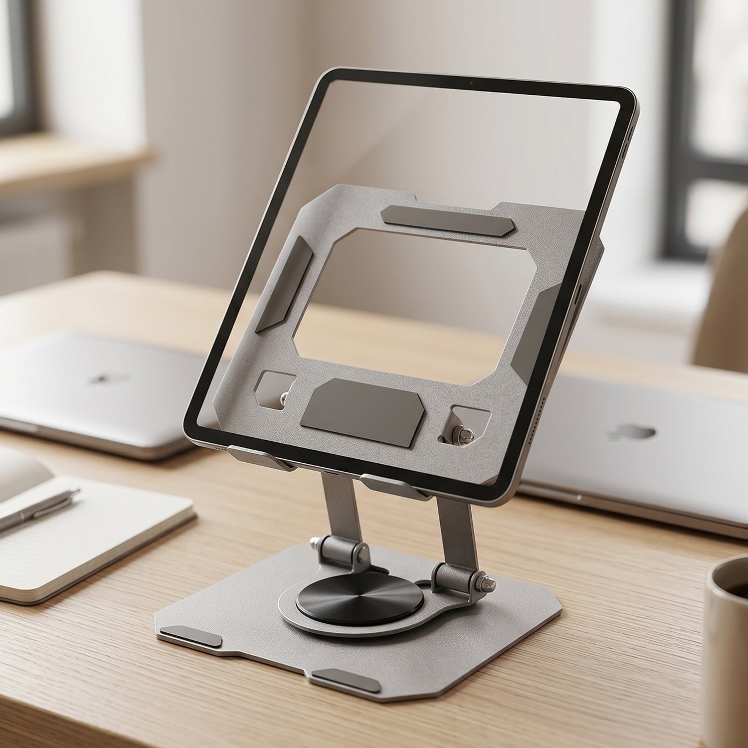 Foldable metal phone & tablet stand in an open, upright position