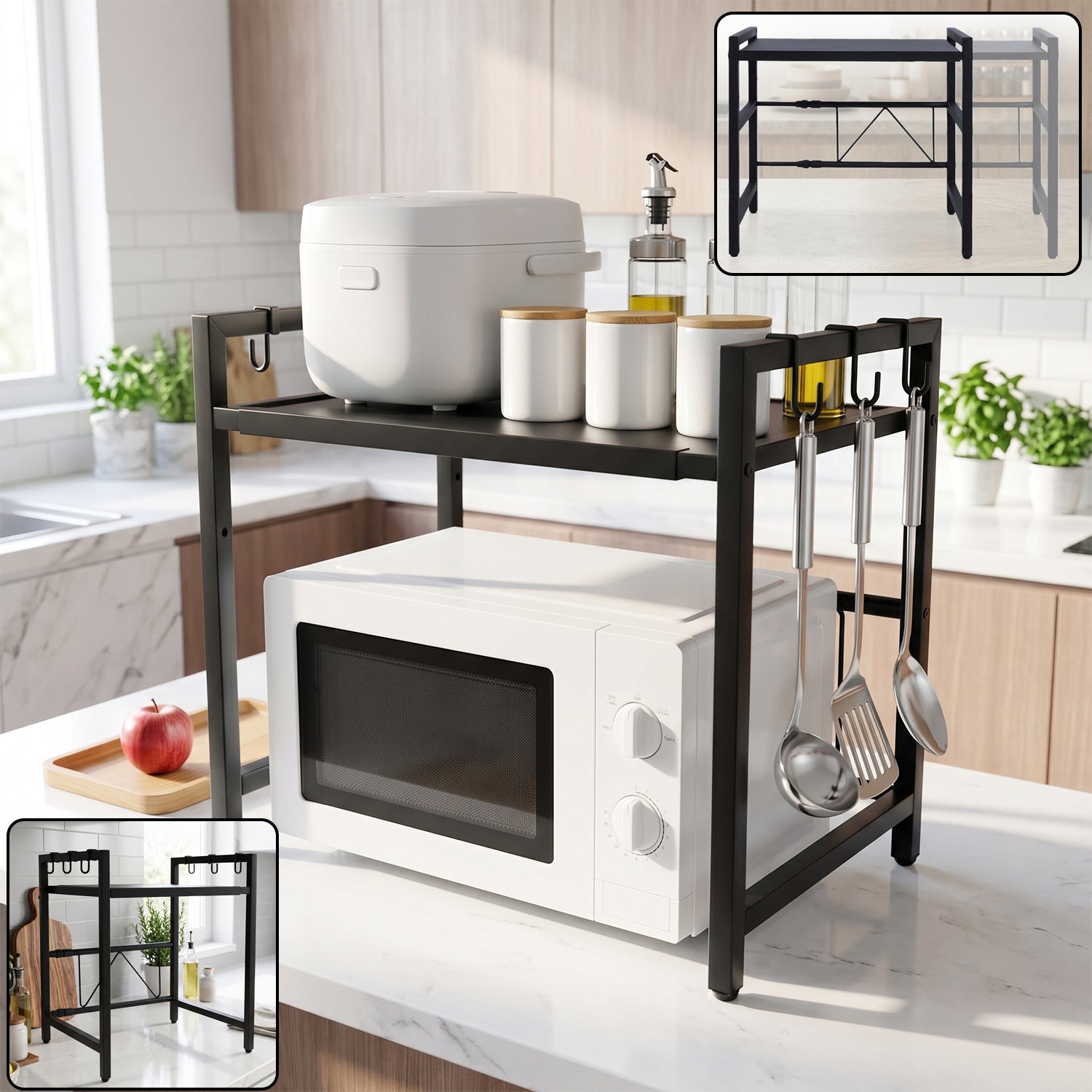 Adjustable microwave oven storage rack metal kitchen shelf with hooks