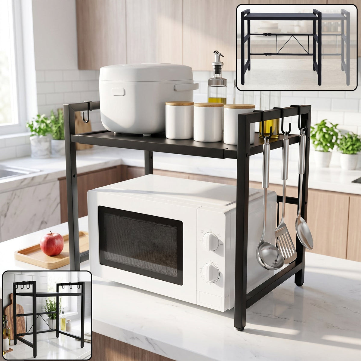 Adjustable microwave oven storage rack metal kitchen shelf with hooks
