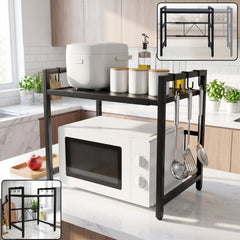 Adjustable microwave oven storage rack metal kitchen shelf with hooks