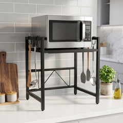 Microwave resting on the metal storage rack