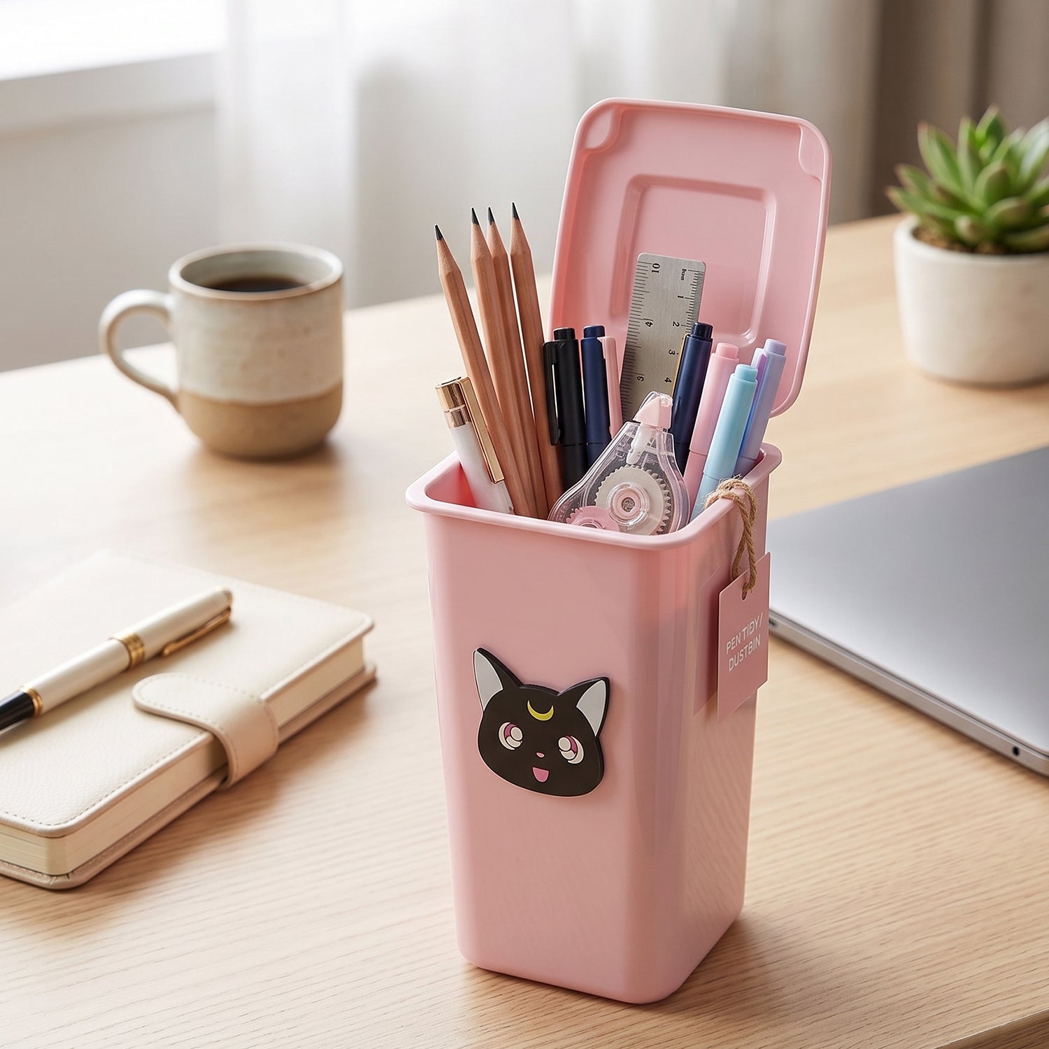 Creative Mini Trash Can Shape Pen Stand with Lid (1 Pc)