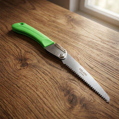 Folding saw folded into handle for compact storage and easy carrying