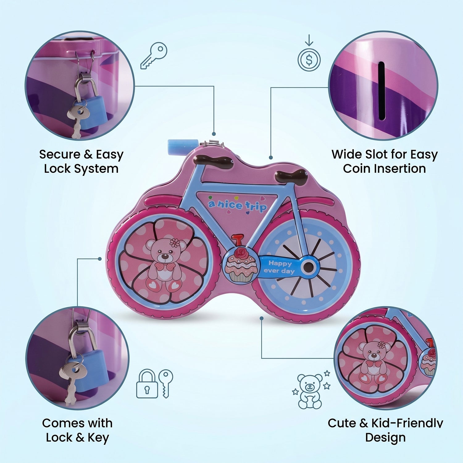 Bicycle Shape Piggy Bank With Lock & Key– 1 Pc,