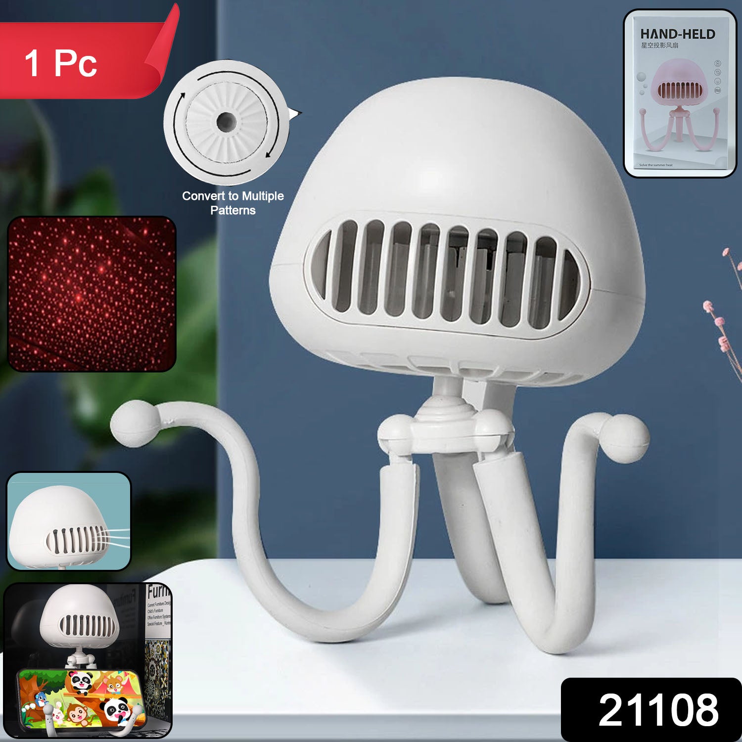 Handheld Mini Fan with LED Star Projector Flexible Tripod Stand (1 Pc)