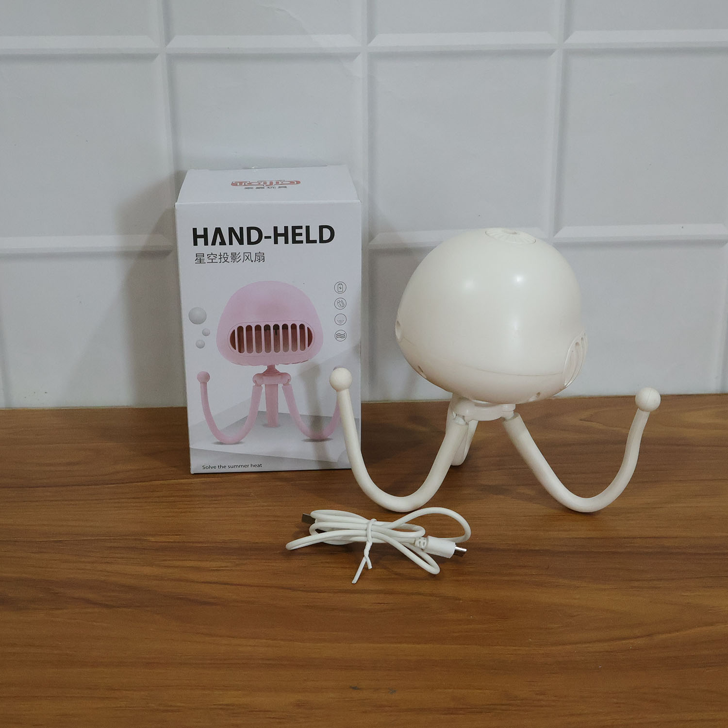 Handheld Mini Fan with LED Star Projector Flexible Tripod Stand (1 Pc)