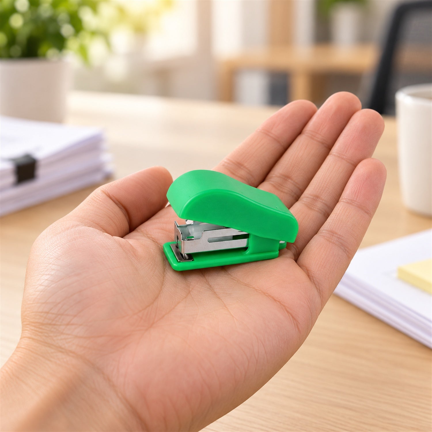 A tiny green stapler with a silver mechanism rests in the palm of an open hand, against a blurred office background.