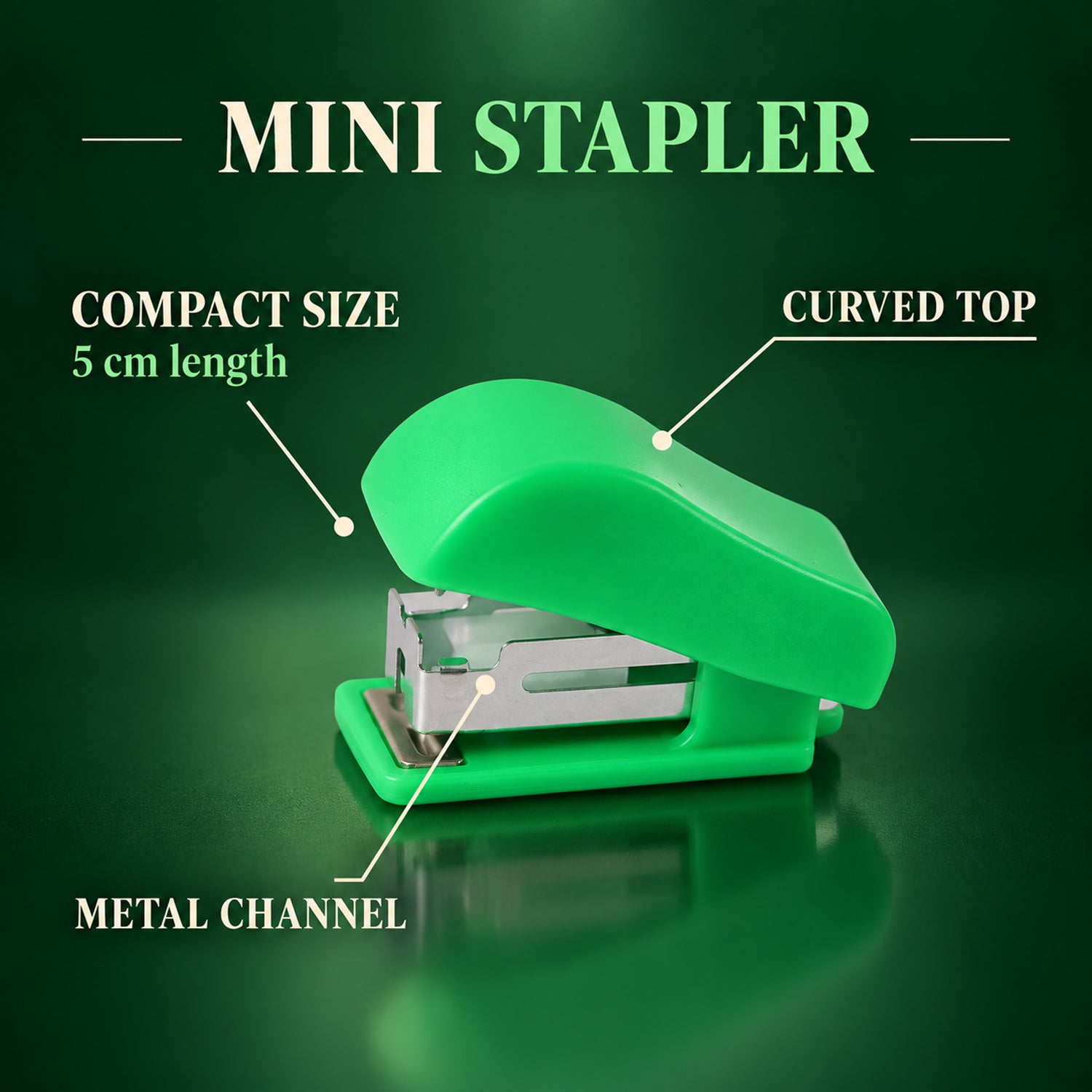 A green mini stapler with a curved top and metal channel is highlighted with descriptive text on a dark green background.