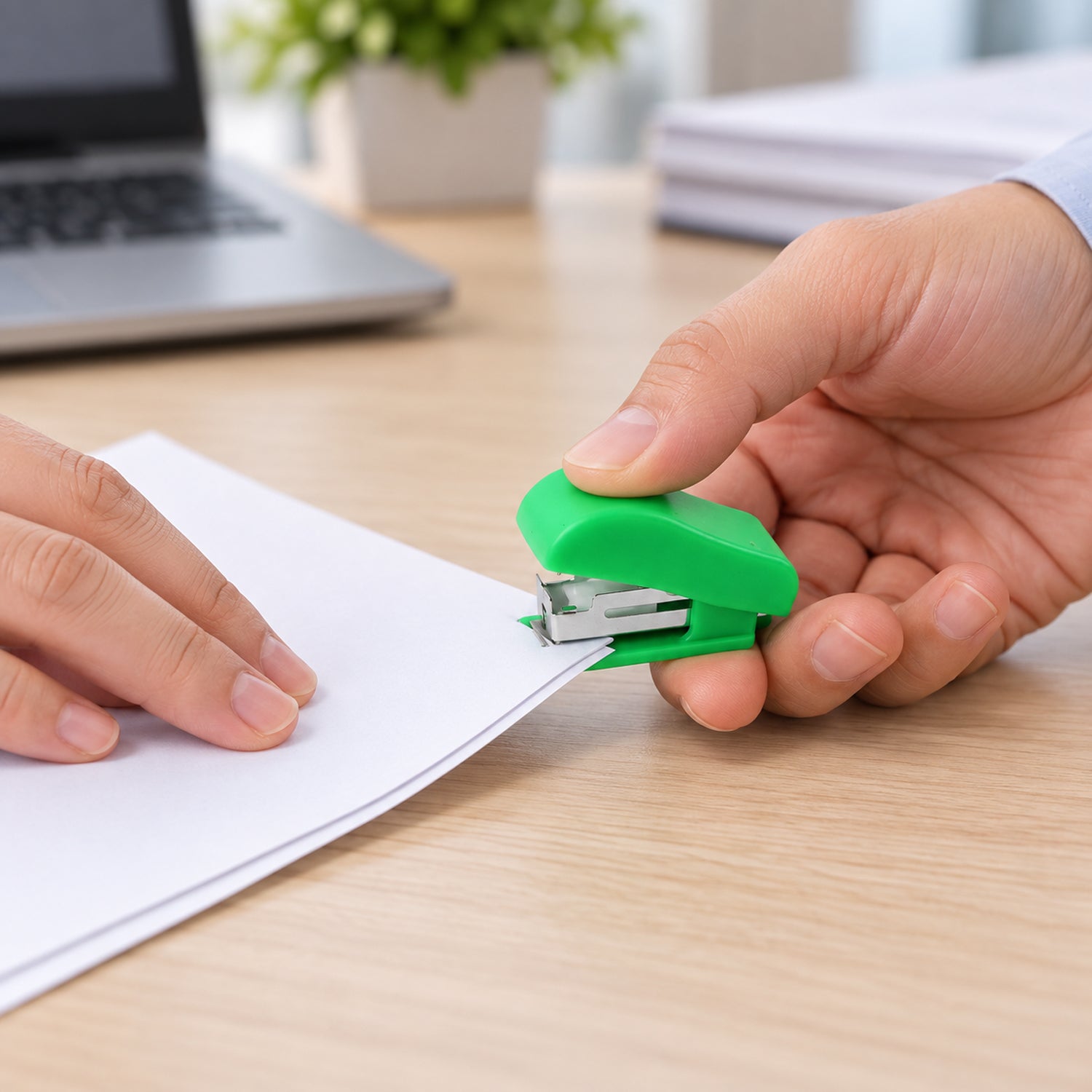 Two hands are shown, one holding a green stapler, the other guiding white paper for stapling on a wooden desk.