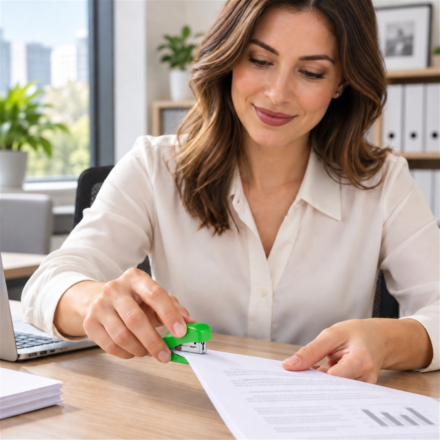 A smiling woman in a white shirt uses a small green stapler to fasten documents at a wooden office desk.