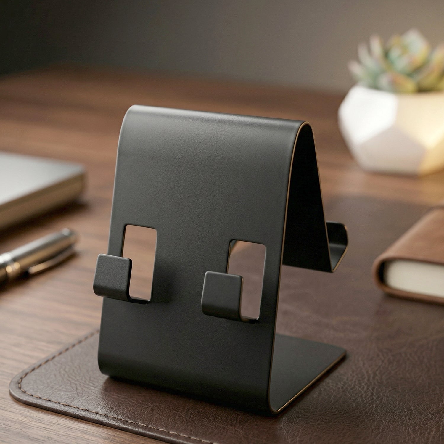 Black metal mobile stand, angled view, portable