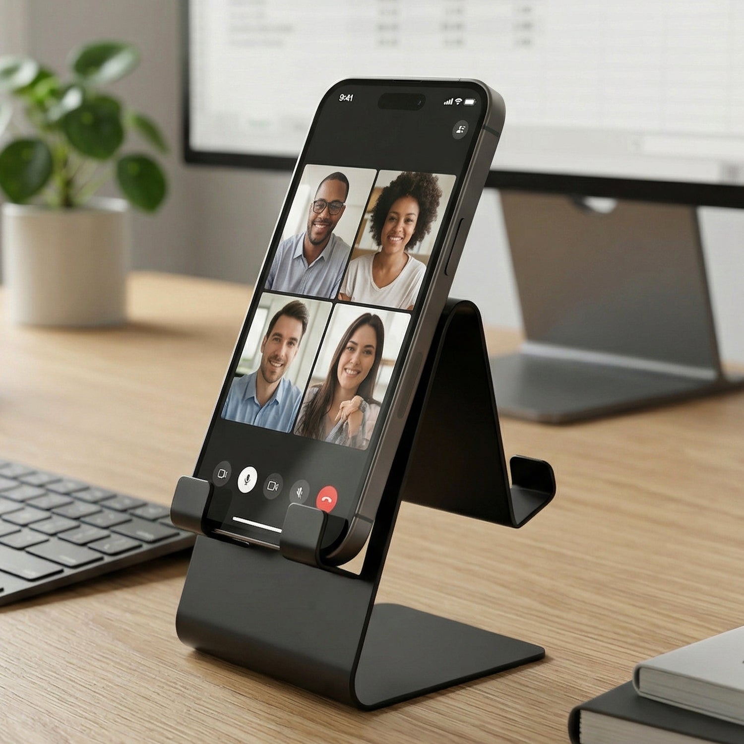 Black metal mobile stand, front view, folded