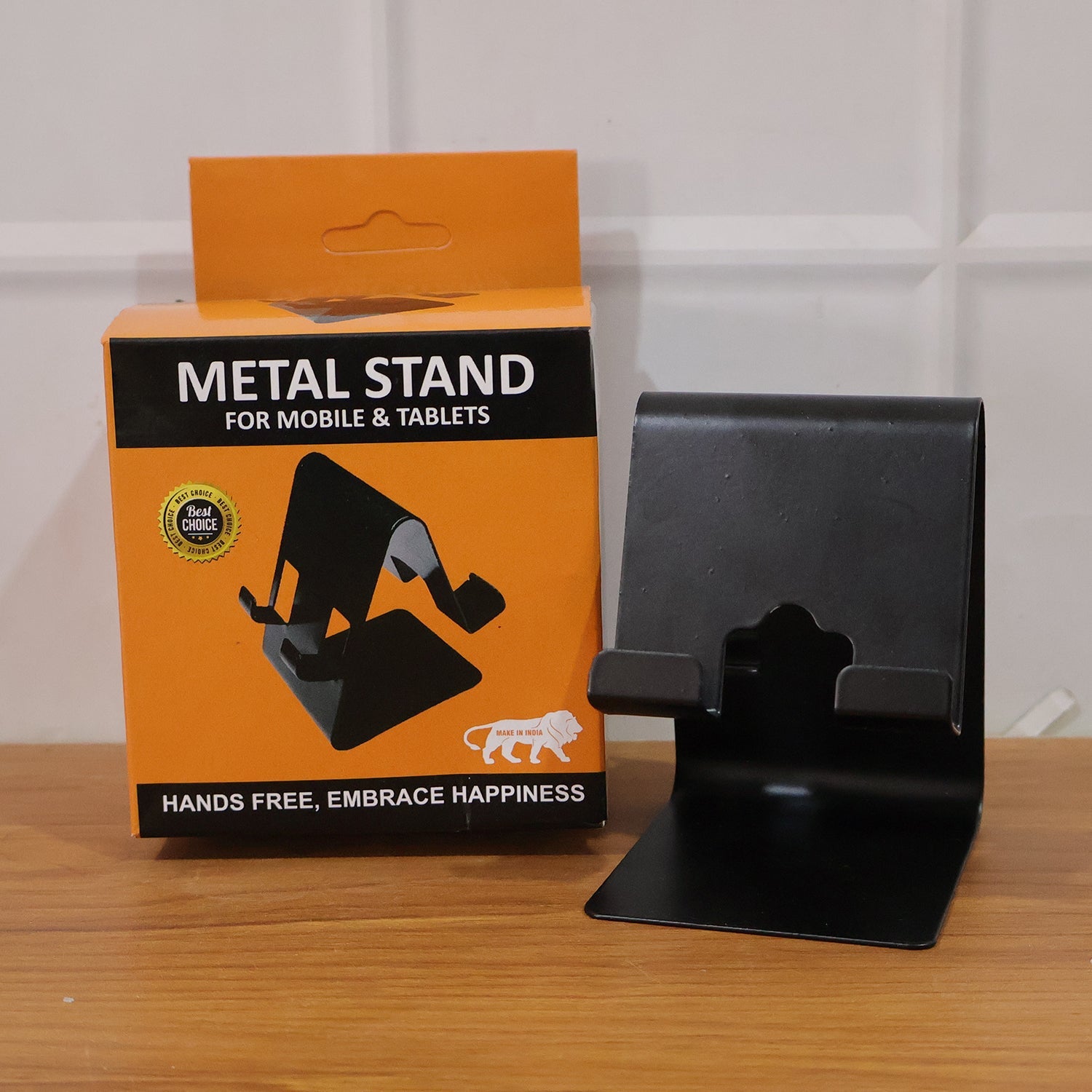 Black metal mobile stand with phone and tablet