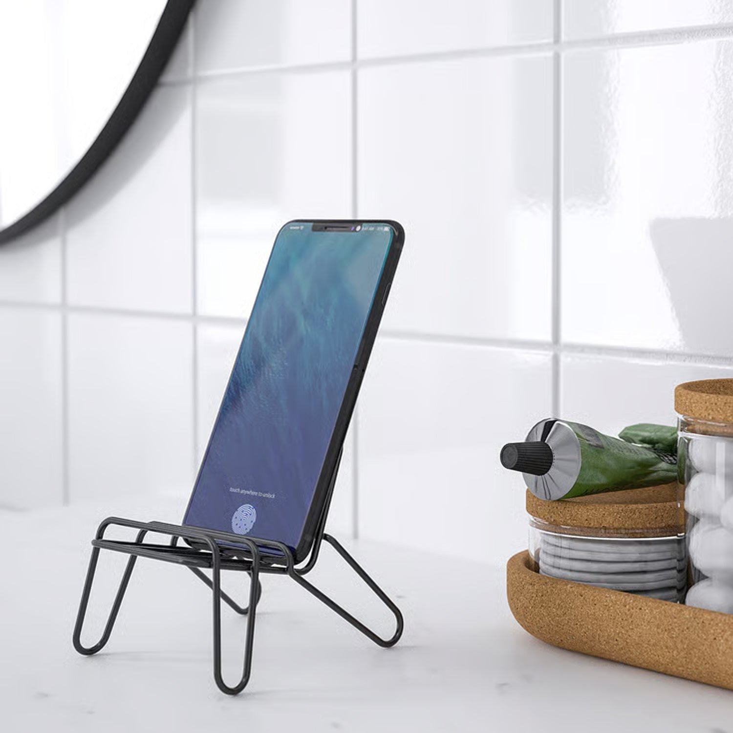 Phone held upright for hands free viewing