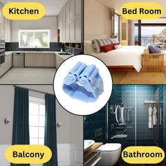 Multiple wall mounted broom mop holders neatly organizing cleaning tools in a kitchen.