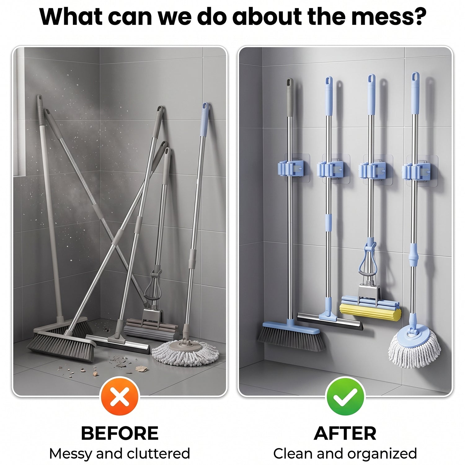 No drill wall mounted mop holder with its strong adhesive sticker applied.