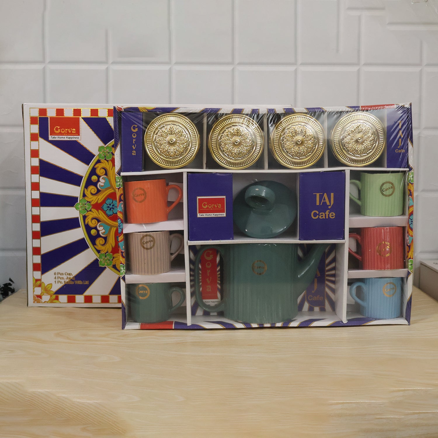 Ceramic Tea Gift Set with 6 Mugs, Teapot & 4 Glass Storage Jars (11 in 1)