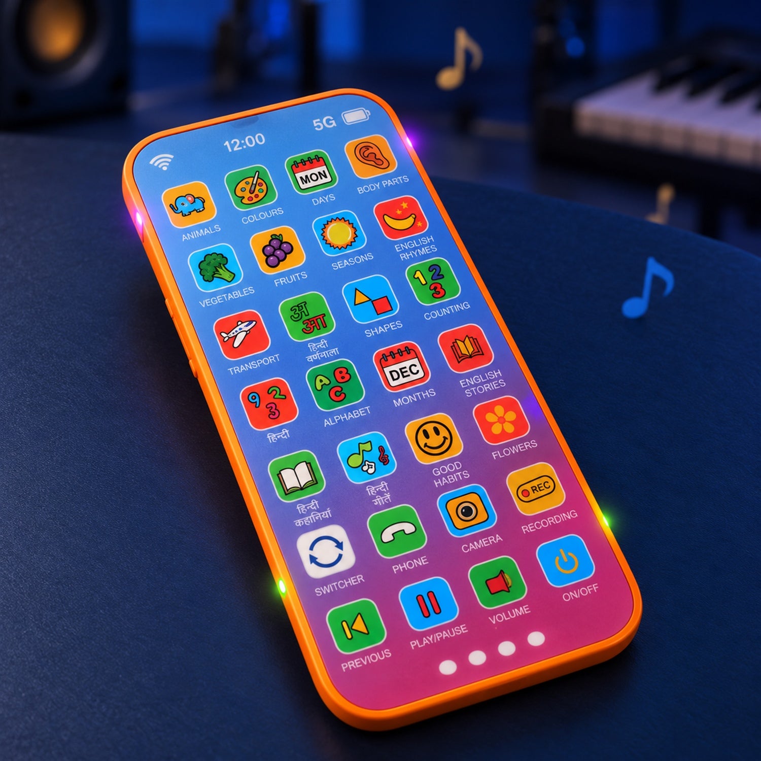 The toy phone rests on a dark blue surface, its screen illuminated with various learning app icons and musical notes