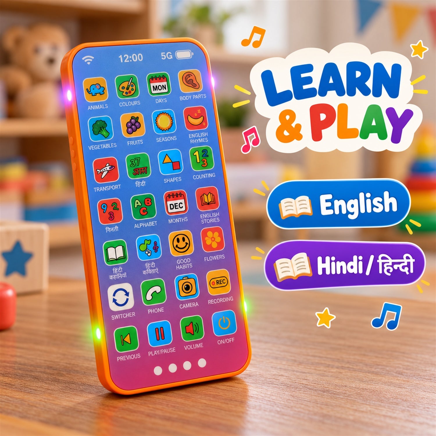 A close-up of the toy phone shows its screen with icons for learning English and Hindi, standing upright on a wooden surface.