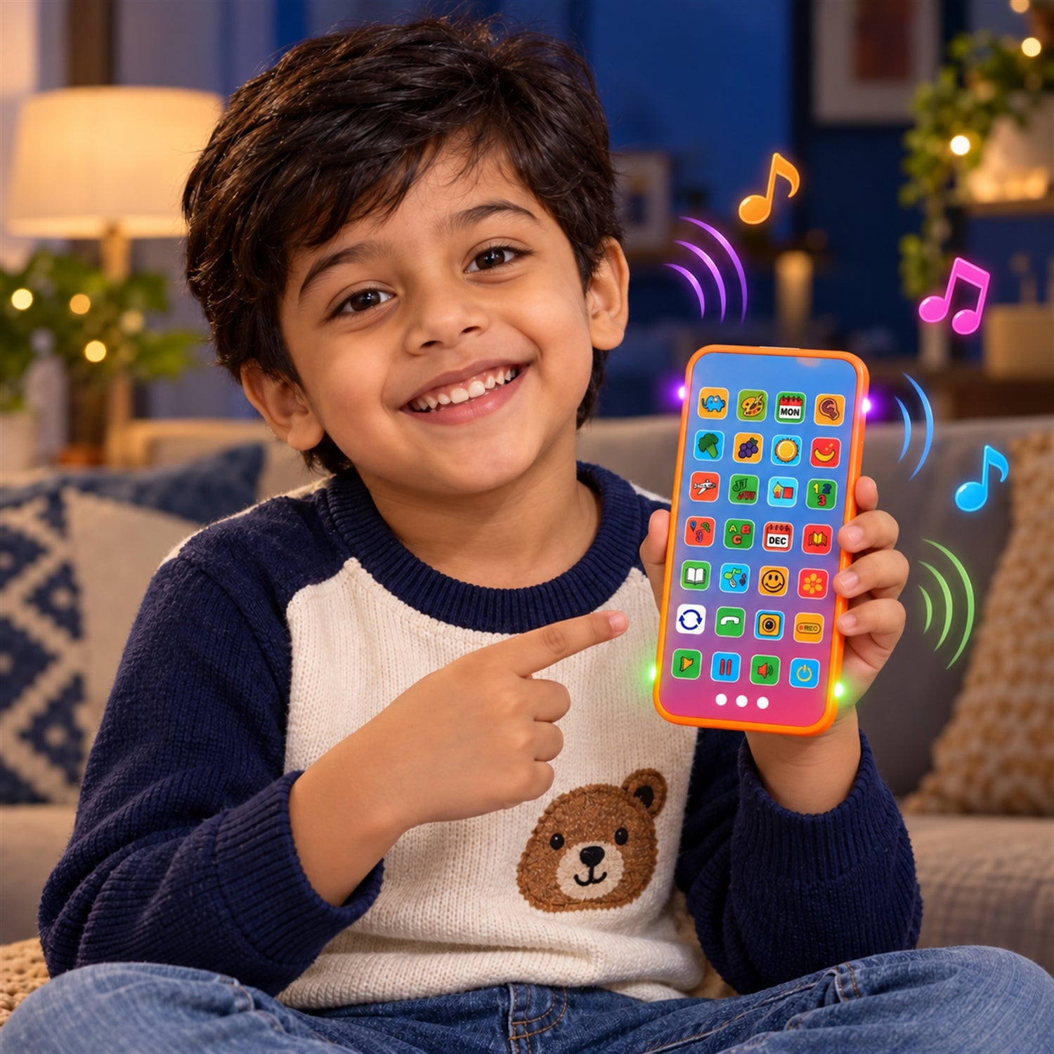A happy boy sits on a couch, holding the toy phone and pointing at its screen, with musical notes emanating from it.