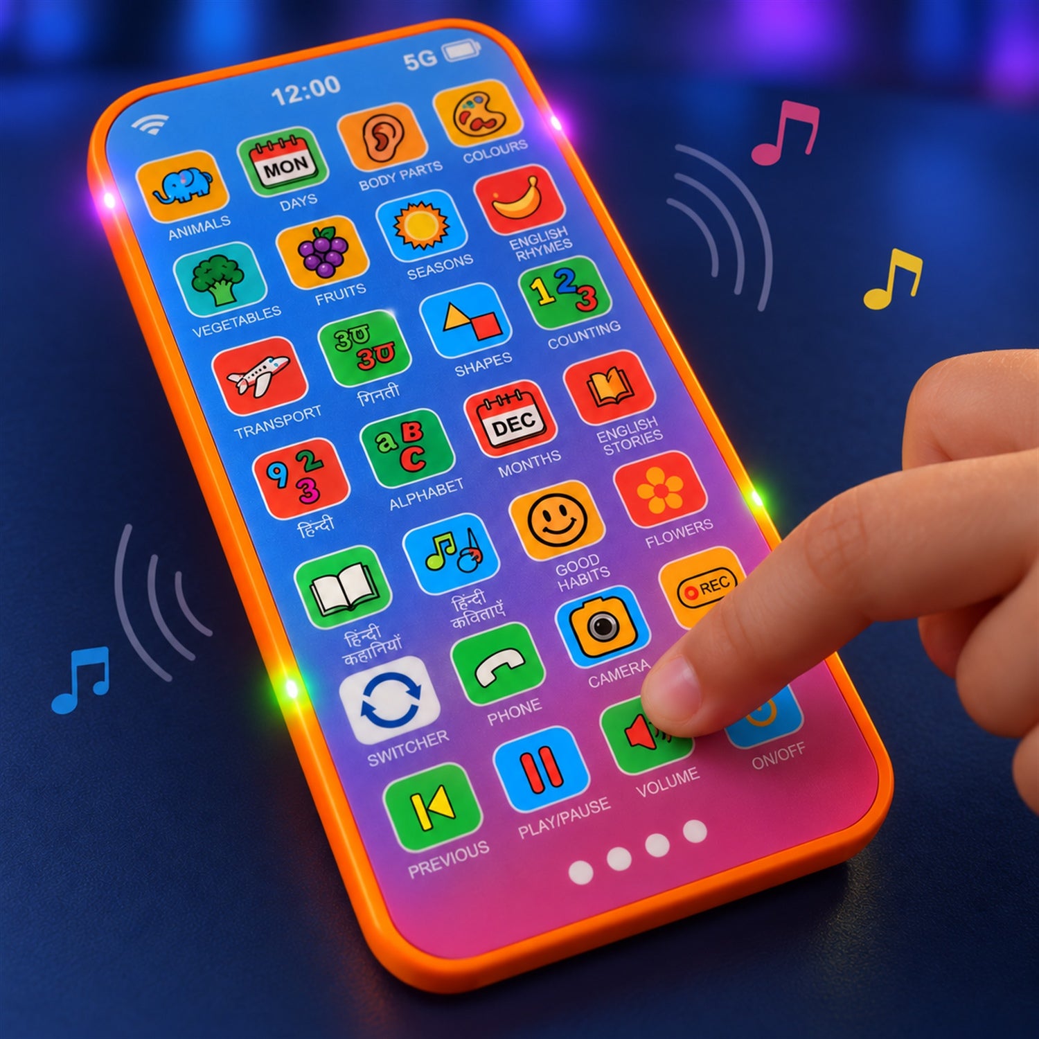A child's finger presses the camera icon on the toy phone's screen, with musical notes and sound waves around it.