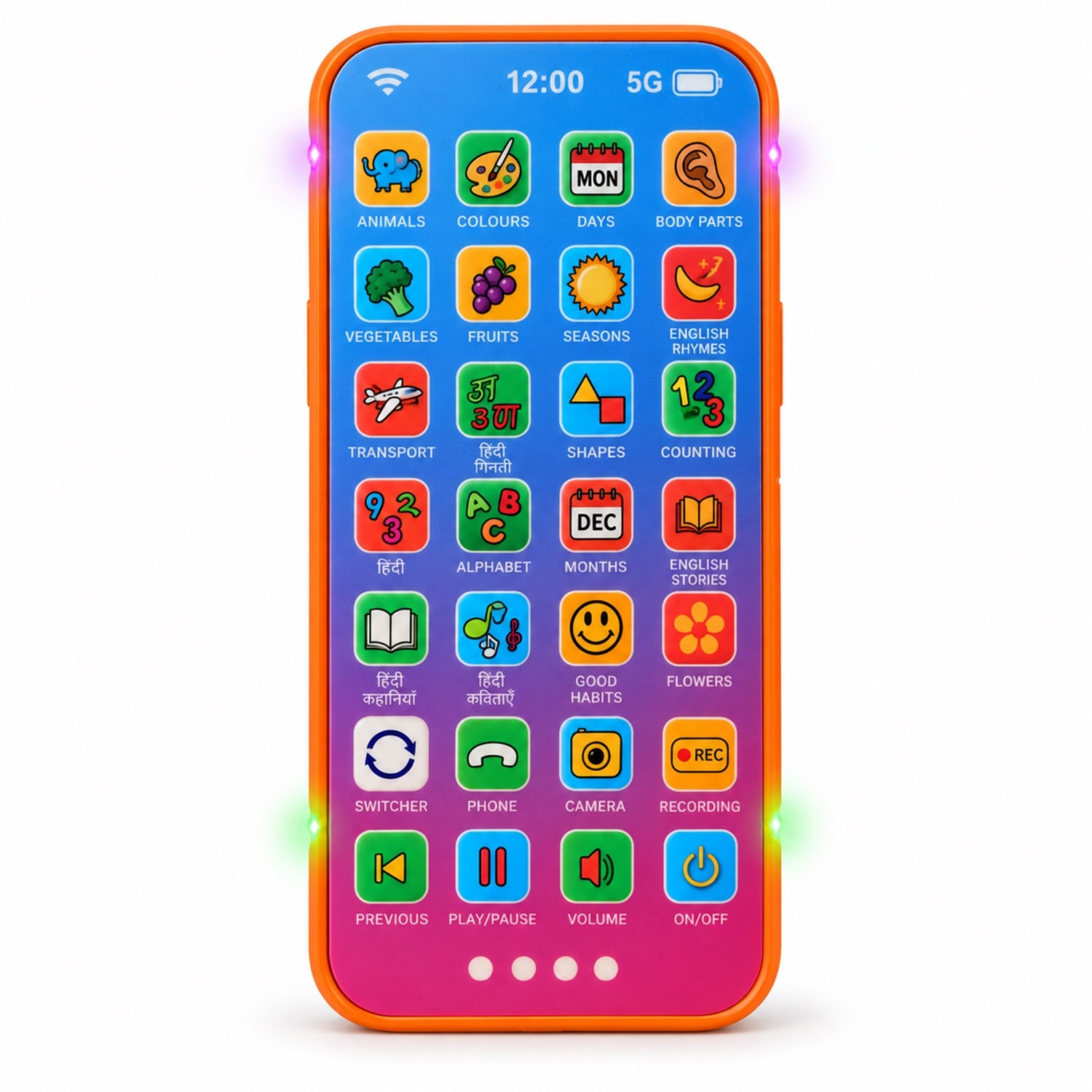 The toy phone stands vertically, showcasing its full screen of colorful app icons and glowing green and pink lights on its