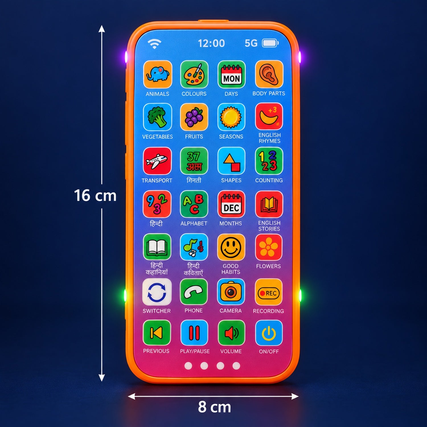 The toy phone is displayed with white measurement lines indicating its height of 16 cm and width of 8 cm.