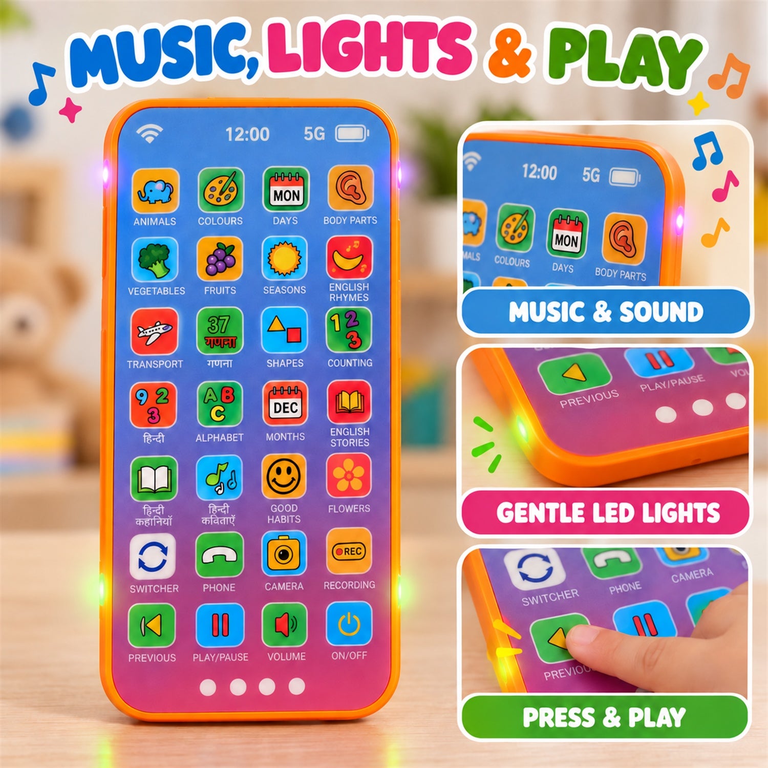 The toy phone's features are highlighted, showing music and sound, gentle LED lights, and a finger pressing a button.